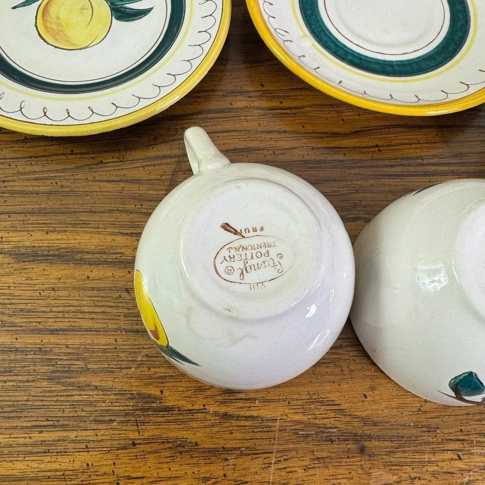Stangl Pottery Fruit‎ Lemon Brown Trim 9-Pc Teacup Saucer & bread plates